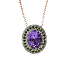 Ametist ve peridot 8 ayar beyaz altın kolye (40 cm rose altın rolo zincir)
