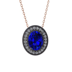 Lab safir ve pırlanta 925 ayar siyah rodyum kaplama gümüş kolye (0.264 karat, 40 cm rose altın rolo zincir)