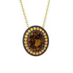 Esinti Oval Kolye - Dumanlı kuvars ve sitrin 925 ayar siyah rodyum kaplama gümüş kolye (40 cm altın rolo zincir) #1ikz0nd