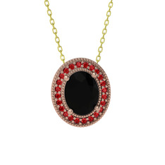 Esinti Oval Kolye - Siyah zirkon ve garnet 18 ayar rose altın kolye (40 cm altın rolo zincir) #1ioainr