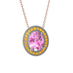 Esinti Oval Kolye - Pembe kuvars ve sitrin 8 ayar beyaz altın kolye (40 cm rose altın rolo zincir) #1iv95