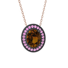 Esinti Oval Kolye - Dumanlı kuvars ve pembe kuvars 925 ayar siyah rodyum kaplama gümüş kolye (40 cm rose altın rolo zincir) #1j198fu