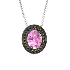 Pembe kuvars ve peridot 925 ayar siyah rodyum kaplama gümüş kolye (40 cm beyaz altın rolo zincir)