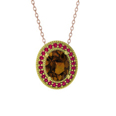 Dumanlı kuvars ve rodolit garnet 14 ayar altın kolye (40 cm rose altın rolo zincir)