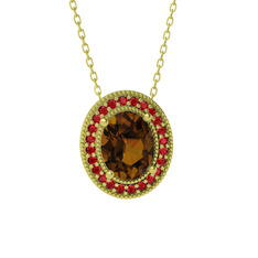 Esinti Oval Kolye - Dumanlı kuvars ve garnet 18 ayar altın kolye (40 cm altın rolo zincir) #1kq8ruj