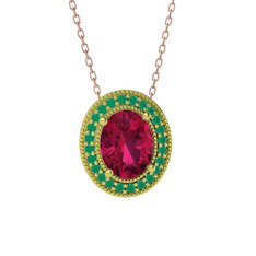 Esinti Oval Kolye - Rodolit garnet ve kök zümrüt 18 ayar altın kolye (40 cm rose altın rolo zincir) #1kque0t