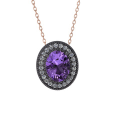 Esinti Oval Kolye - Ametist ve swarovski 925 ayar siyah rodyum kaplama gümüş kolye (40 cm rose altın rolo zincir) #1lgj8nh