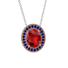 Garnet ve lab safir 925 ayar rose altın kaplama gümüş kolye (40 cm beyaz altın rolo zincir)