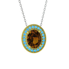 Esinti Oval Kolye - Dumanlı kuvars ve akuamarin 14 ayar altın kolye (40 cm beyaz altın rolo zincir) #1mk867v