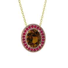 Dumanlı kuvars ve rodolit garnet 925 ayar rose altın kaplama gümüş kolye (40 cm altın rolo zincir)