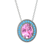 Esinti Oval Kolye - Pembe kuvars ve akuamarin 18 ayar beyaz altın kolye (40 cm gümüş rolo zincir) #1mp2zzm