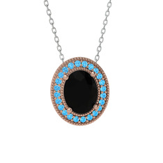 Esinti Oval Kolye - Siyah zirkon ve akuamarin 14 ayar rose altın kolye (40 cm beyaz altın rolo zincir) #1mr4uak