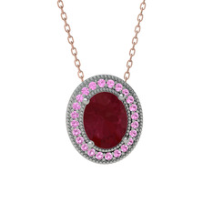 Esinti Oval Kolye - Kök yakut ve pembe kuvars 8 ayar beyaz altın kolye (40 cm rose altın rolo zincir) #1mvpb4s