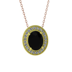 Esinti Oval Kolye - Siyah zirkon ve pırlanta 14 ayar altın kolye (0.264 karat, 40 cm rose altın rolo zincir) #1neh0ih