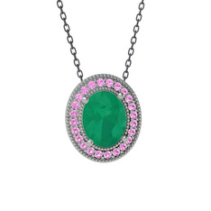 Esinti Oval Kolye - Kök zümrüt ve pembe kuvars 14 ayar beyaz altın kolye (40 cm gümüş rolo zincir) #1njcbhf