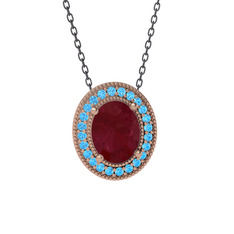 Esinti Oval Kolye - Kök yakut ve akuamarin 18 ayar rose altın kolye (40 cm gümüş rolo zincir) #1nlyoee