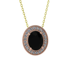 Esinti Oval Kolye - Siyah zirkon ve pırlanta 14 ayar rose altın kolye (0.264 karat, 40 cm altın rolo zincir) #1nuck8a