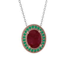 Esinti Oval Kolye - Kök yakut ve kök zümrüt 925 ayar rose altın kaplama gümüş kolye (40 cm beyaz altın rolo zincir) #1o2ln70