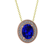 Esinti Oval Kolye - Lab safir ve beyaz zirkon 14 ayar rose altın kolye (40 cm altın rolo zincir) #1oc51i9