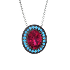 Esinti Oval Kolye - Rodolit garnet ve akuamarin 925 ayar siyah rodyum kaplama gümüş kolye (40 cm beyaz altın rolo zincir) #1oh9st2