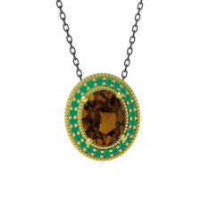 Esinti Oval Kolye - Dumanlı kuvars ve kök zümrüt 18 ayar altın kolye (40 cm gümüş rolo zincir) #1onu058