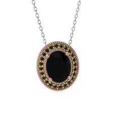 Esinti Oval Kolye - Siyah zirkon ve peridot 14 ayar rose altın kolye (40 cm beyaz altın rolo zincir) #1pbommm