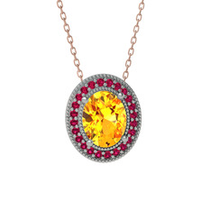 Sitrin ve rodolit garnet 18 ayar beyaz altın kolye (40 cm rose altın rolo zincir)