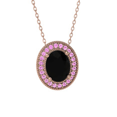Esinti Oval Kolye - Siyah zirkon ve pembe kuvars 18 ayar rose altın kolye (40 cm gümüş rolo zincir) #1ptu0sd