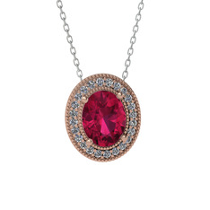Esinti Oval Kolye - Rodolit garnet ve pırlanta 925 ayar rose altın kaplama gümüş kolye (0.264 karat, 40 cm beyaz altın rolo zincir) #1pvgl4l