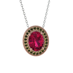 Esinti Oval Kolye - Rodolit garnet ve peridot 14 ayar rose altın kolye (40 cm beyaz altın rolo zincir) #1q4q946