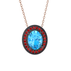Akuamarin ve garnet 925 ayar siyah rodyum kaplama gümüş kolye (40 cm rose altın rolo zincir)