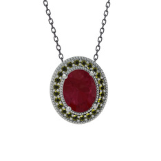 Esinti Oval Kolye - Kök yakut ve peridot 18 ayar beyaz altın kolye (40 cm gümüş rolo zincir) #1qh52jp