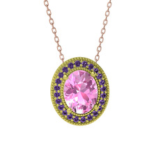 Esinti Oval Kolye - Pembe kuvars ve ametist 8 ayar altın kolye (40 cm rose altın rolo zincir) #1qkhvds