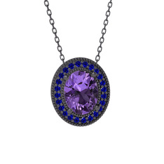 Esinti Oval Kolye - Ametist ve lab safir 925 ayar siyah rodyum kaplama gümüş kolye (40 cm gümüş rolo zincir) #1qmyjhg
