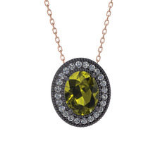 Esinti Oval Kolye - Peridot ve pırlanta 925 ayar siyah rodyum kaplama gümüş kolye (0.264 karat, 40 cm gümüş rolo zincir) #1qruzrk