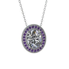 Esinti Oval Kolye - Beyaz zirkon ve ametist 14 ayar beyaz altın kolye (40 cm beyaz altın rolo zincir) #1qsb7p8