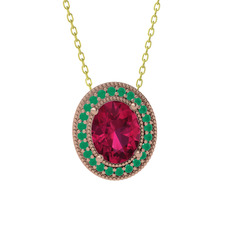 Rodolit garnet ve kök zümrüt 8 ayar rose altın kolye (40 cm altın rolo zincir)