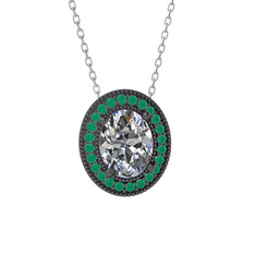 Swarovski ve kök zümrüt 925 ayar siyah rodyum kaplama gümüş kolye (40 cm beyaz altın rolo zincir)