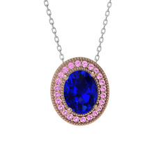 Esinti Oval Kolye - Lab safir ve pembe kuvars 14 ayar rose altın kolye (40 cm beyaz altın rolo zincir) #1rp0kyp
