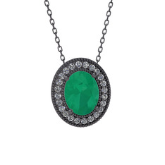 Esinti Oval Kolye - Kök zümrüt ve swarovski 925 ayar siyah rodyum kaplama gümüş kolye (40 cm gümüş rolo zincir) #1s0azyq
