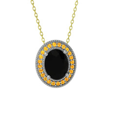 Esinti Oval Kolye - Siyah zirkon ve sitrin 8 ayar beyaz altın kolye (40 cm altın rolo zincir) #1s5gh0o
