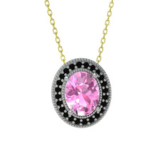 Esinti Oval Kolye - Pembe kuvars ve siyah zirkon 14 ayar beyaz altın kolye (40 cm altın rolo zincir) #1seuflq