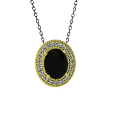 Esinti Oval Kolye - Siyah zirkon ve swarovski 8 ayar altın kolye (40 cm gümüş rolo zincir) #1sh9hzo