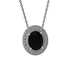 Esinti Oval Kolye - Siyah zirkon ve beyaz zirkon 925 ayar gümüş kolye (40 cm gümüş rolo zincir) #1shtajk