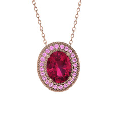 Esinti Oval Kolye - Rodolit garnet ve pembe kuvars 18 ayar rose altın kolye (40 cm rose altın rolo zincir) #1siezy5