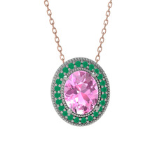 Esinti Oval Kolye - Pembe kuvars ve kök zümrüt 18 ayar beyaz altın kolye (40 cm rose altın rolo zincir) #1sugwsm