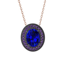 Esinti Oval Kolye - Lab safir ve ametist 925 ayar siyah rodyum kaplama gümüş kolye (40 cm gümüş rolo zincir) #1sw70t7