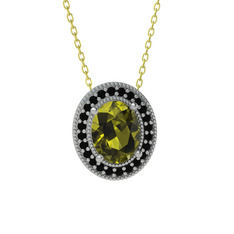 Peridot ve siyah zirkon 14 ayar beyaz altın kolye (40 cm gümüş rolo zincir)
