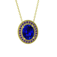 Esinti Oval Kolye - Lab safir ve ametist 8 ayar altın kolye (40 cm altın rolo zincir) #1tp3gku