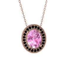 Esinti Oval Kolye - Pembe kuvars ve siyah zirkon 8 ayar rose altın kolye (40 cm rose altın rolo zincir) #1tw7q38